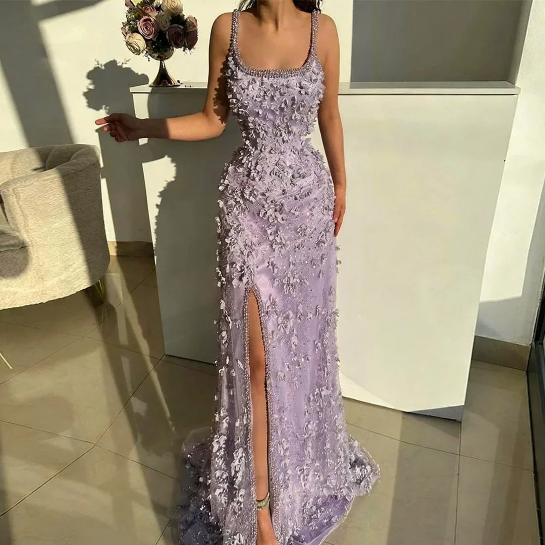 

Индивидуальные вечерние платья без рукавов с квадратным вырезом и цветами, расшитые бисером, вечерние платья с разрезом, платья для выпускного вечера на день рождения для женщин