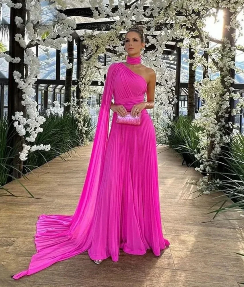 

Fashion Chiffon A-Line One Shoulder Evening Dress High Quality Long Sleeves Floor Length Wedding Party فساتين سهرة