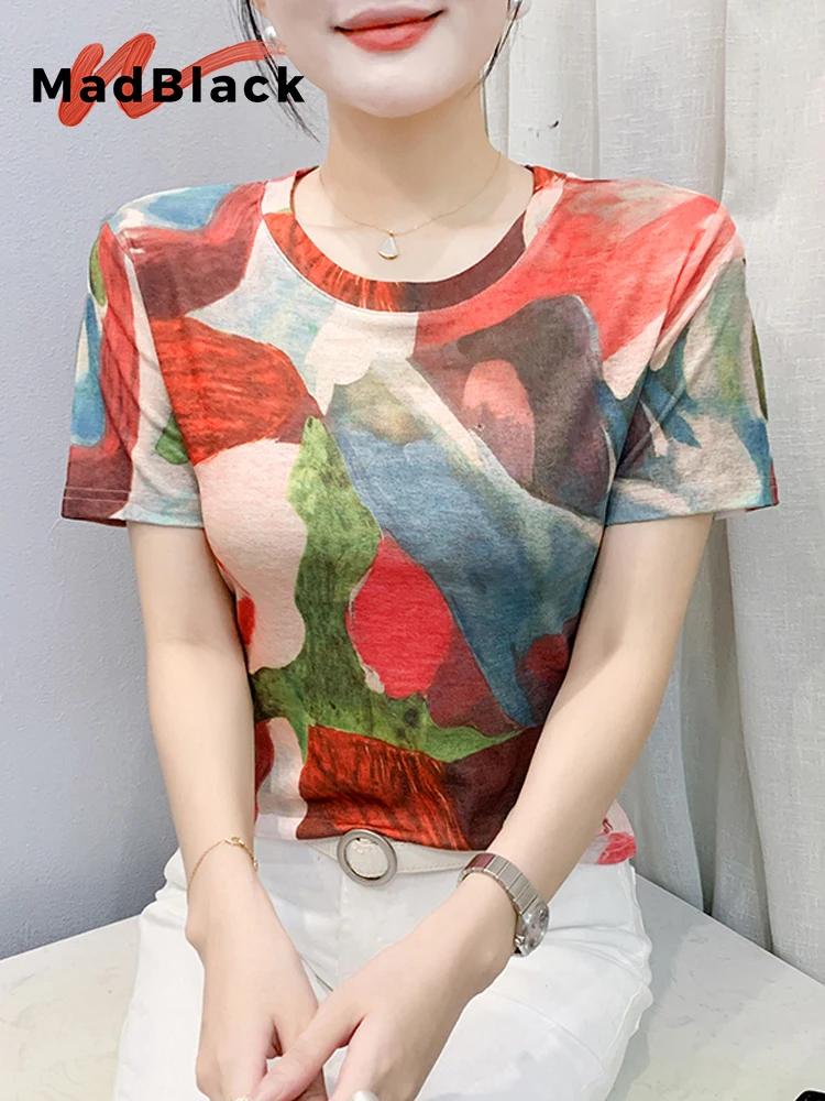 

MadBlack-Женская европейская футболка, сексуальный круглый вырез с геометрическим принтом, клубная одежда, тонкая трикотажная футболка с короткими рукавами S-3XL, зима 2025 T5N780CC