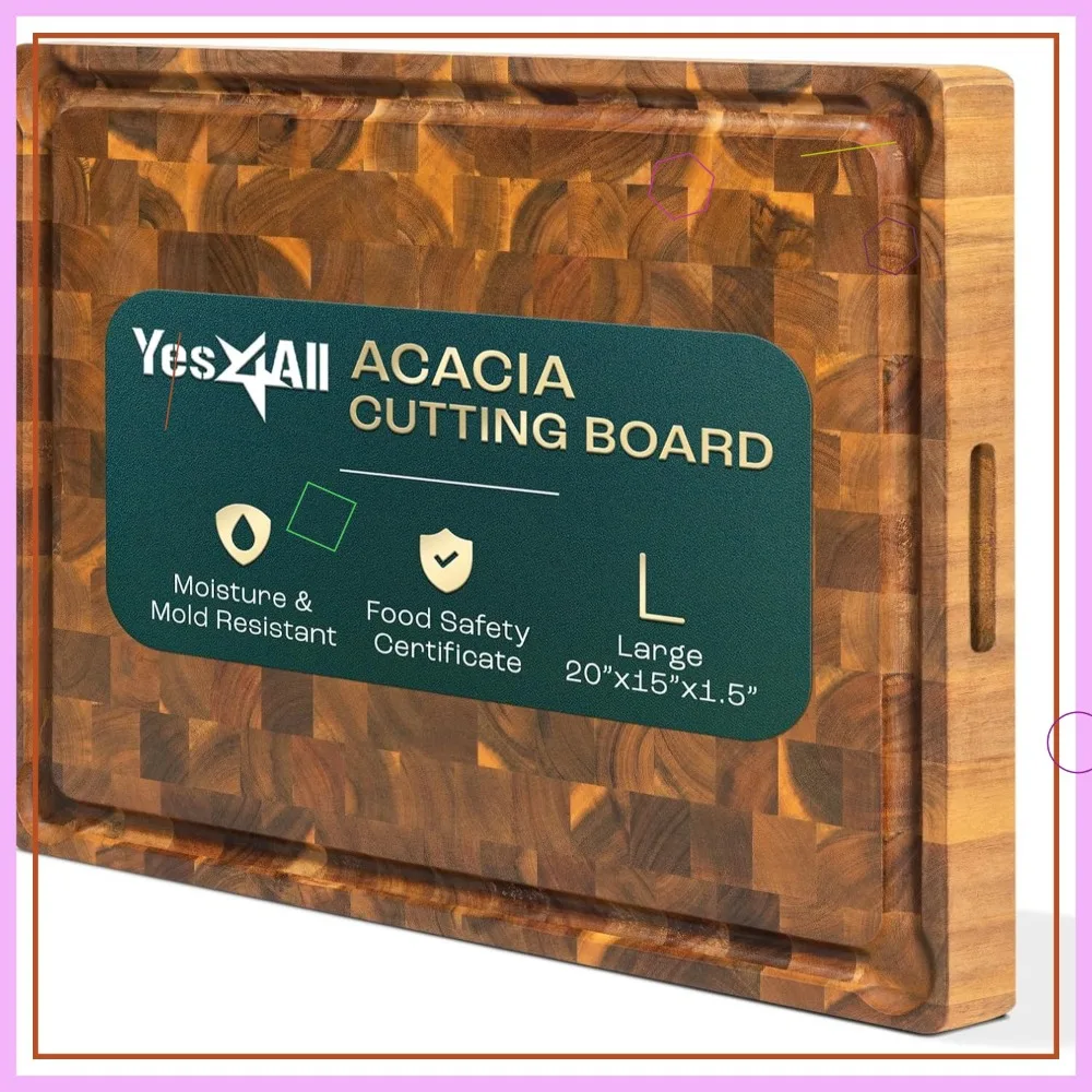 

Durable Acacia Cutting Board, Large End Grain Design with Juice Grooves and Easy Grip Handle, 20''L x 15''W x 1.5'' Thick
