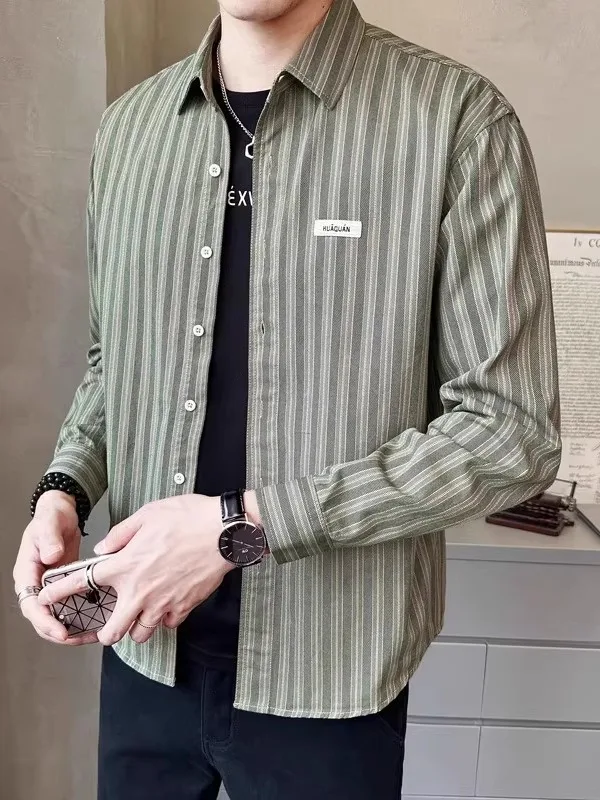 

Premium Stripe Casual irt Jaet Men's Long Sve Retro Trendy Brand Spring New Sle Comfortable Breathable Polyester Cot...