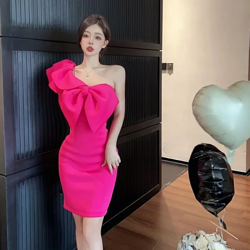 Hot Pink One Shoulder Bow Tie Dress Women Elegant Fashion Sheath Short Bodycon Party Dress Summer Fuchsia Sexy Slim Short Skirt