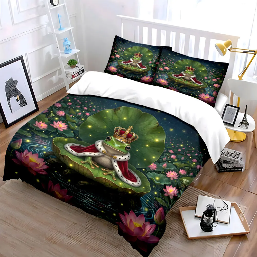 Frog Prince on Lotus Throne Pattern Duvet Cover Set Digital Print Colorful Polyester Bedding with Zipper Closur for kids gifts