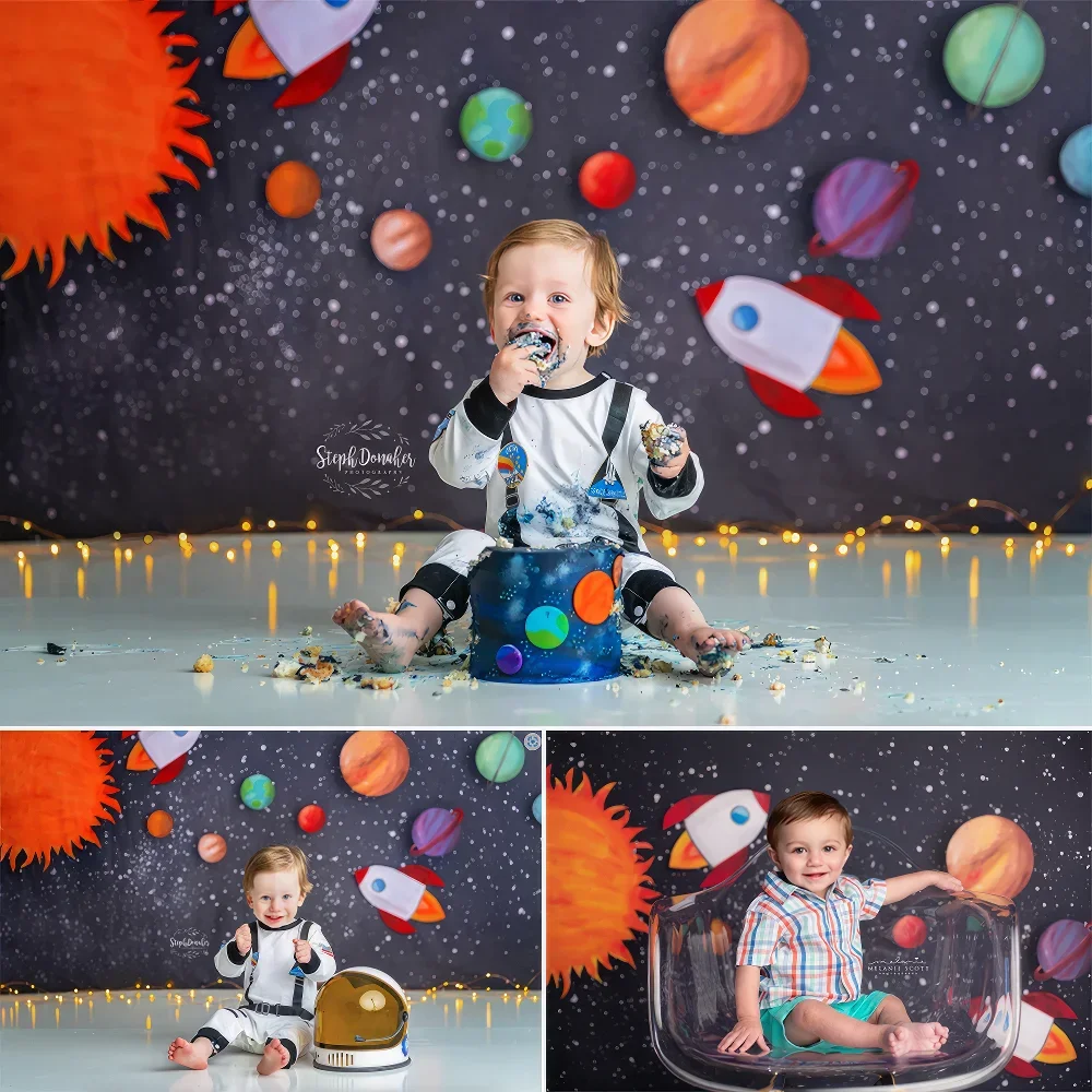 

Baby Shower Background Fly Into Space Infinite Universe Rocket Alien Planet Cake Smash Birthday Portrait Backdrop Photography