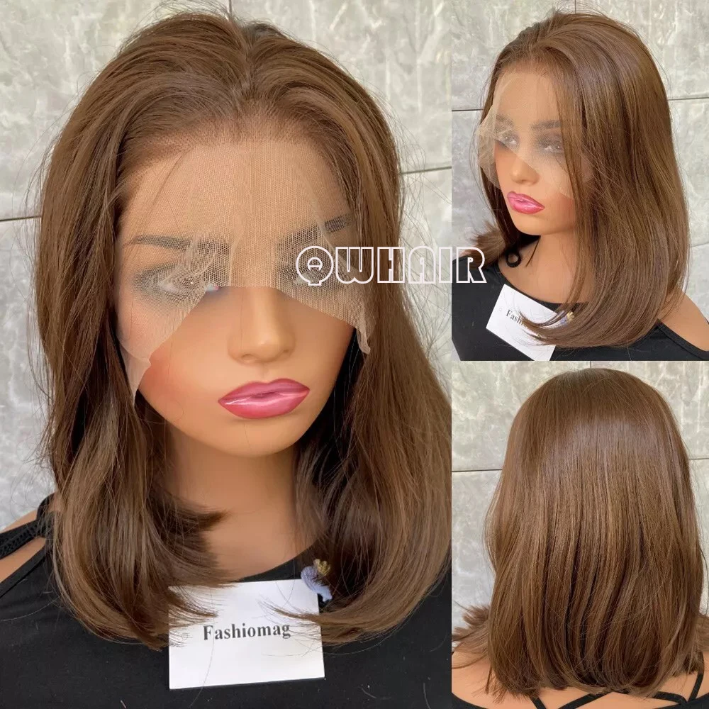 QW Synthetic Hair Light Brown Short  Straight Soft 13X4 Lace Front Wig For Women Hair Heat Resistant Fiber Cosplay  Daily