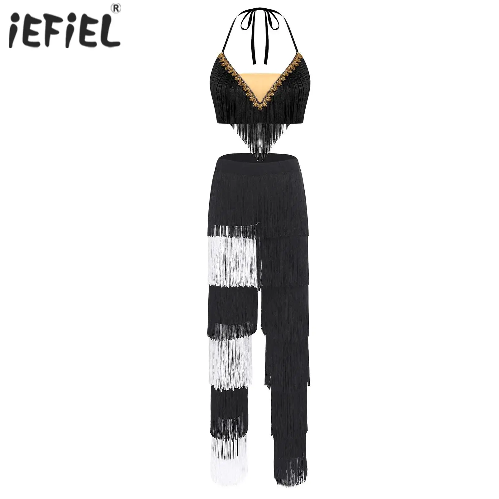 

Womens Fringe Latin Ballroom Salsa Dance Performance Costume Halter Neck Lace-up Crop Top with Flared Tassel Pants Dancewear