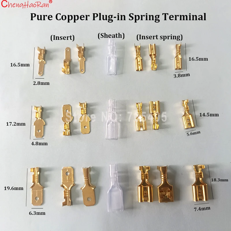 

ChengHaoRan 100PCS/Package Gold Pure Copper Power Plug in 2.8/4.8/6.3mm Spring Terminal Insert Piece Sheath Ship Switch