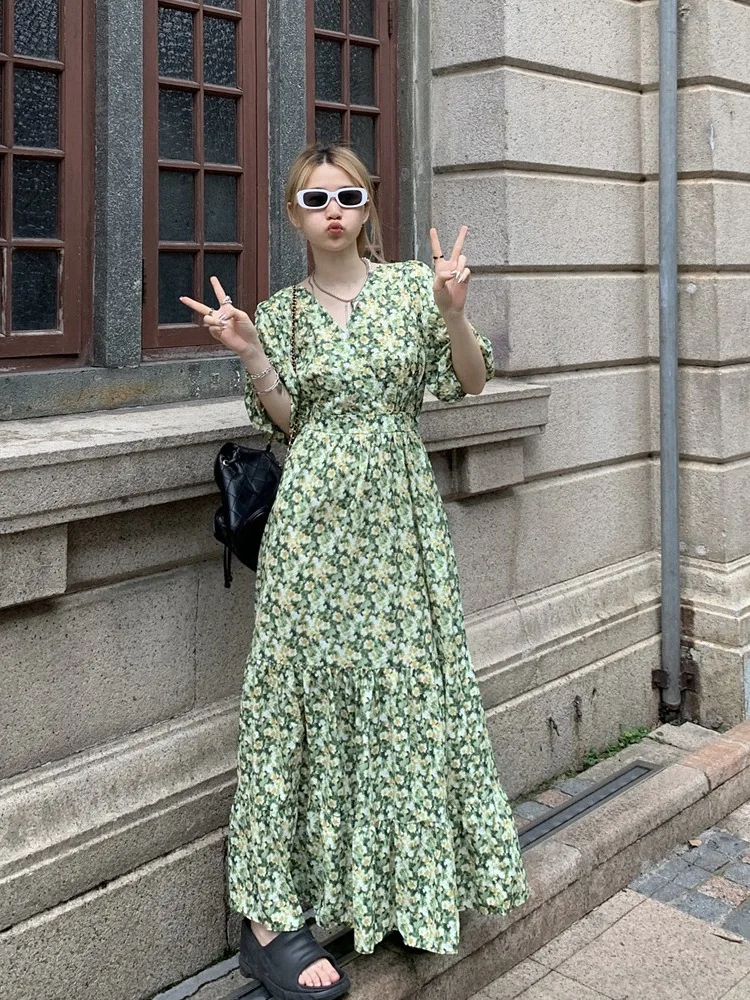 

plus Size Women's Vintage Green Floral V-Neck Puffy Sleeve Dress Slim Fit High Waist Long Skirt Korean Style Commute Dress