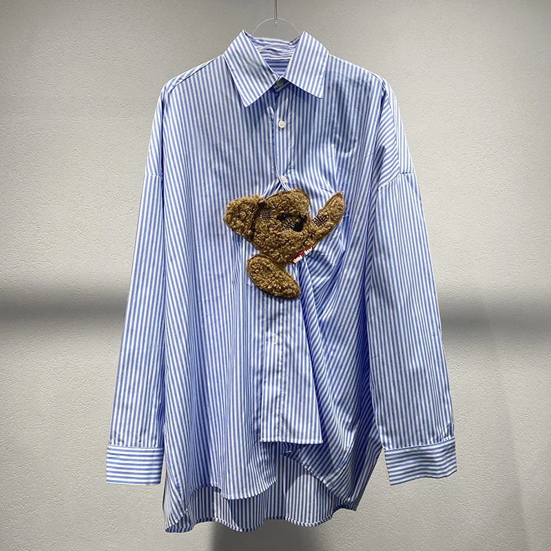 Niche 2024 autumn and winter new blue striped bear long-sleeved shirt loose casual blouse women tops