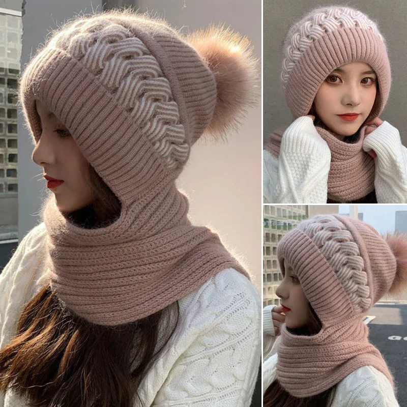 Fashion Winter Hat for Womens Hooded Face Mask Fluff Keep Warm Thicken Style Neck Scarf Hooded Cap Beanie Knitted Neck Warmer