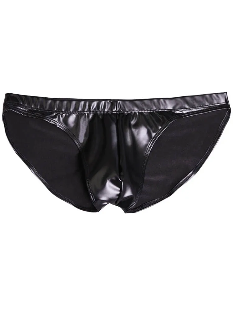 Oil Glossy Faux Latex Elastic PU Leather Mens Bikini Briefs Low Waist Convex Pouch Calzoncillos Jockstrap Tights Swimming Trunks