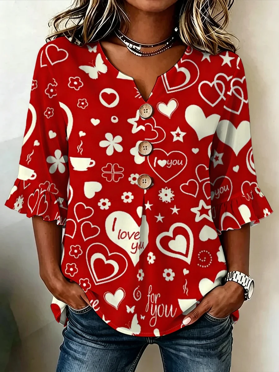 Plus Size Women V Neck Button Decor Blouse Sweet All‑Over Heart Print Fashion Pullover Top for Couple Dating Daily Wear