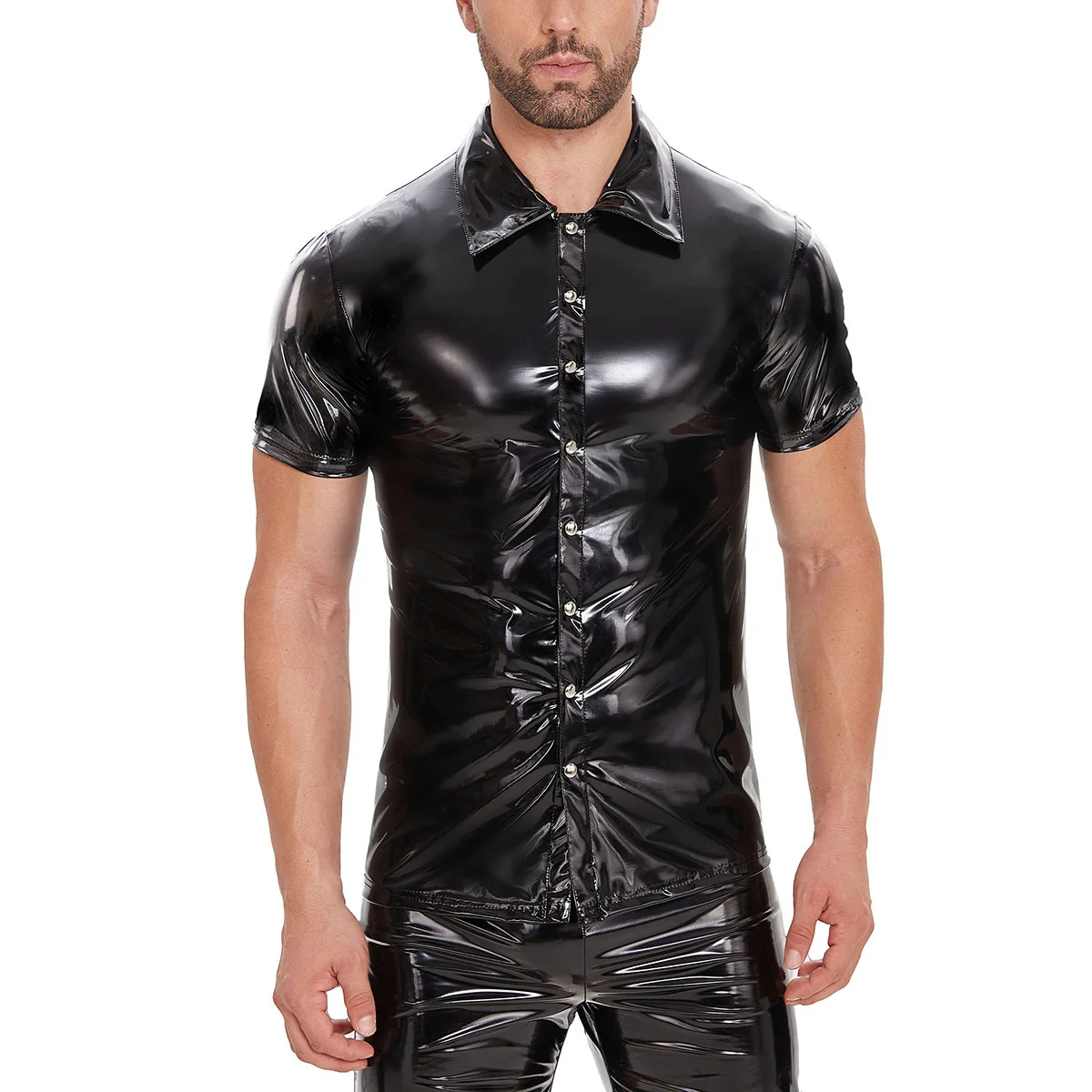 Plus Size 5XLSexy Black Faux Leather Shirt Wet Look Stretch Undershirt Latex Novelty Short Sleeve Uniform Clubwear Stage Costume