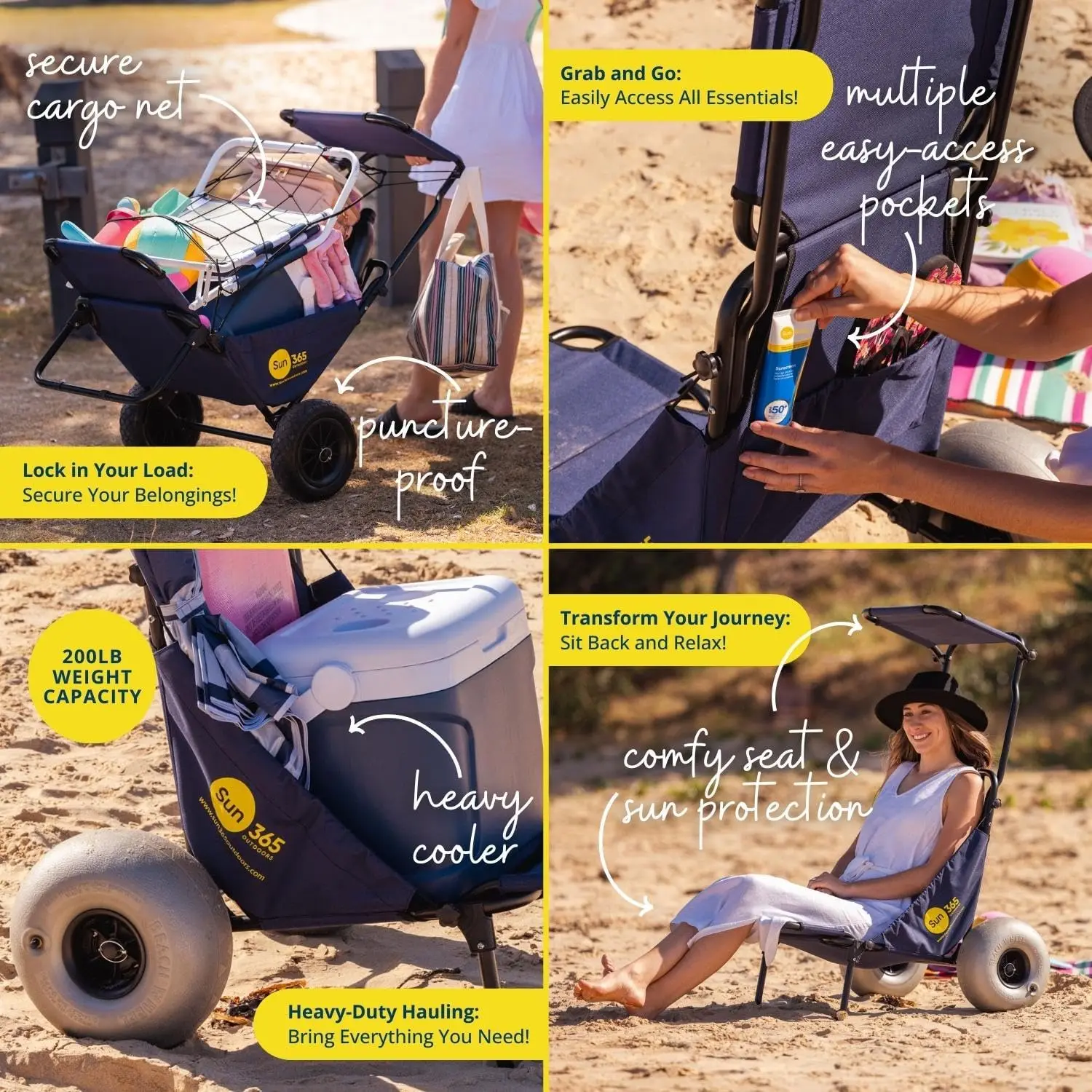 Foldable Beach Fishing Trolley Cart Chair All Terrain Balloon & Puncture Proof Wheels Sun Canopy Luggage Rack & Cargo Net 90kgs/