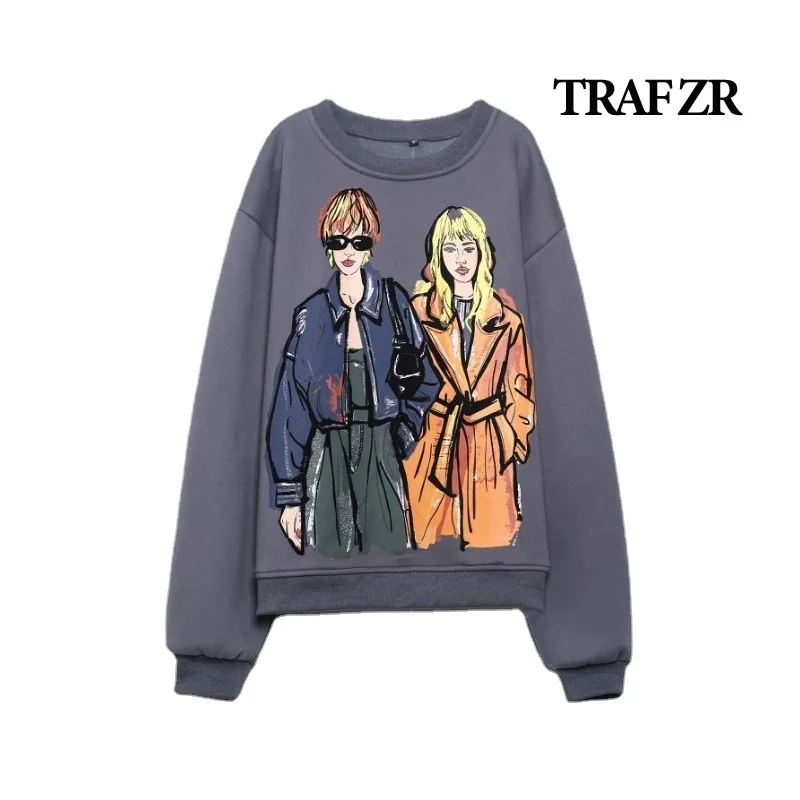 

TRAF ZR O-Necked Sweatshirts for Women Casual Hoodies Chic Pullovers Female Tops Beauty Girls Print New Fashion 2024