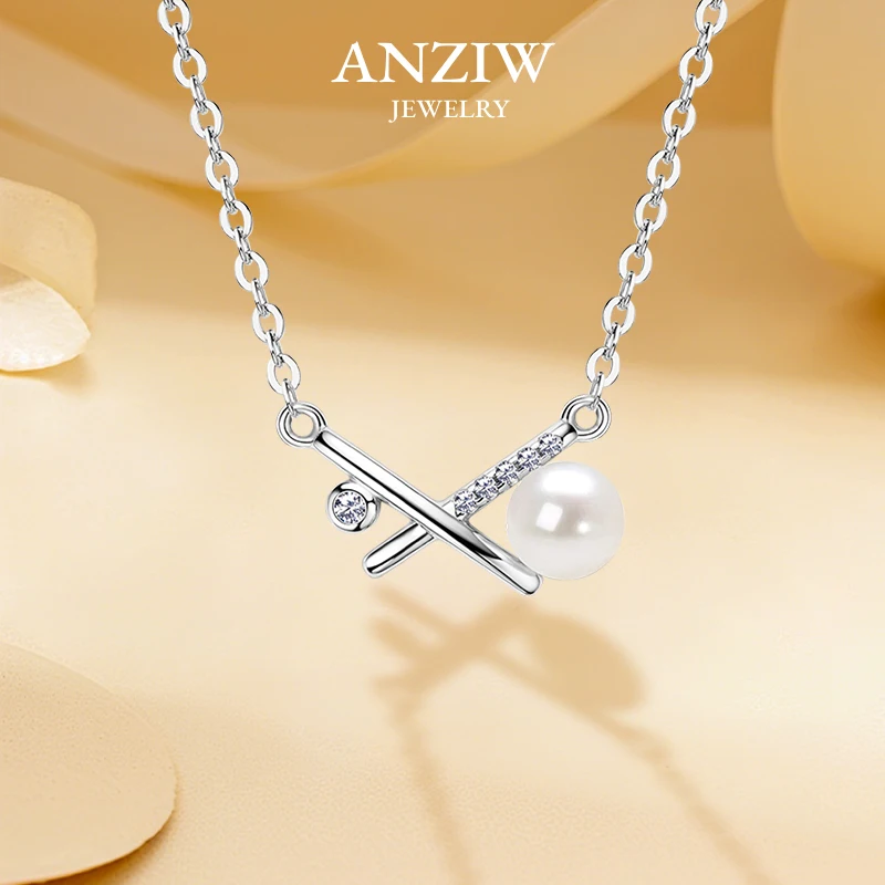 

Anziw 925 Sterling Silver X Shape Cross Pearl Pendant Necklace for Women 5-5.5mm Natural Freshwater Pearl Jewelry Valentine Gift