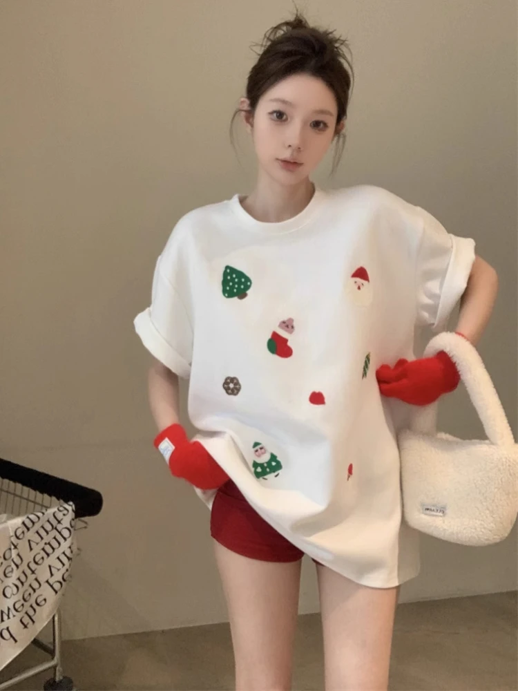 ADAgirl Kawaii Snowman Print Short Sleeve T-shirts for Women Christmas Tree Graphic Oversize Tees Spring Summer Casual Clothes