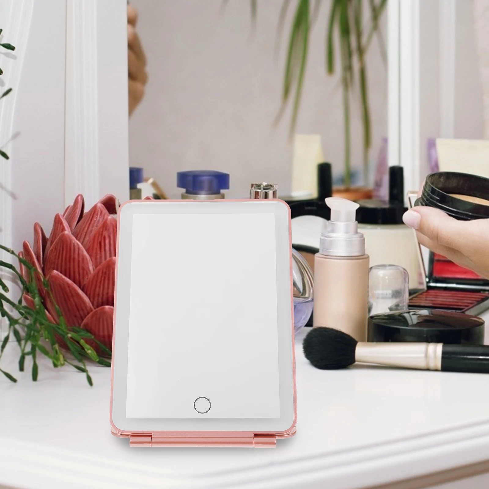 

1set Portable Makeup Mirror Foldable LED Lighted Travel Rechargeable Stable Base Chic Elegant Women Gift Skincare Tool