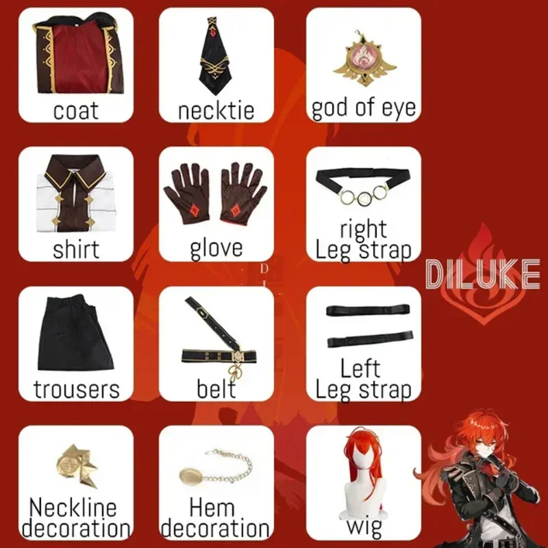 Genshin Impact Diluke Cosplay Kostuum Uniform Pruik Anime Halloween Hoogwaardige Kostuums Voor Mannen Spel