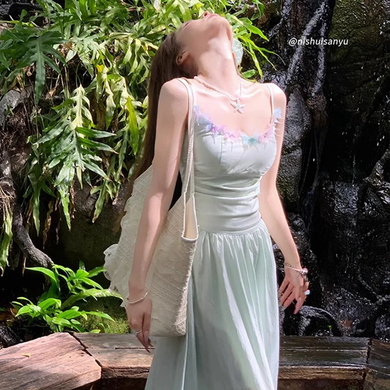 New French Women Dresses Green Strappy Dress for Women's Summer Beach Vacation