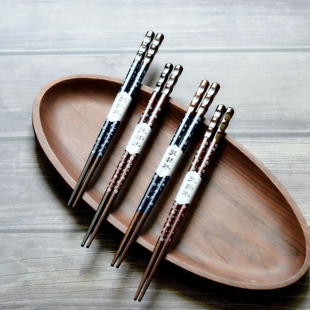 3 Pairs Japanese Style Pointed Wooden Chopsticks, Reusable Cherry Print, Heat-Resistant Kitchen Utensils