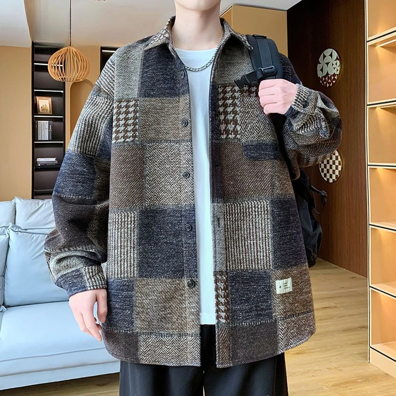 Men's Autumn Spring Top Coat Shirt Plaid Retro Simple Comfortable Loose Casual Design Fashion Advanced Niche Versatile Skinny