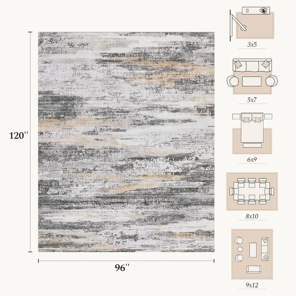 Large 8x10 Area Rug - Abstract, Washable, Soft Low Pile, Non-Slip, Stain-Resistant, Neutral Beige-Grey for Living Spaces