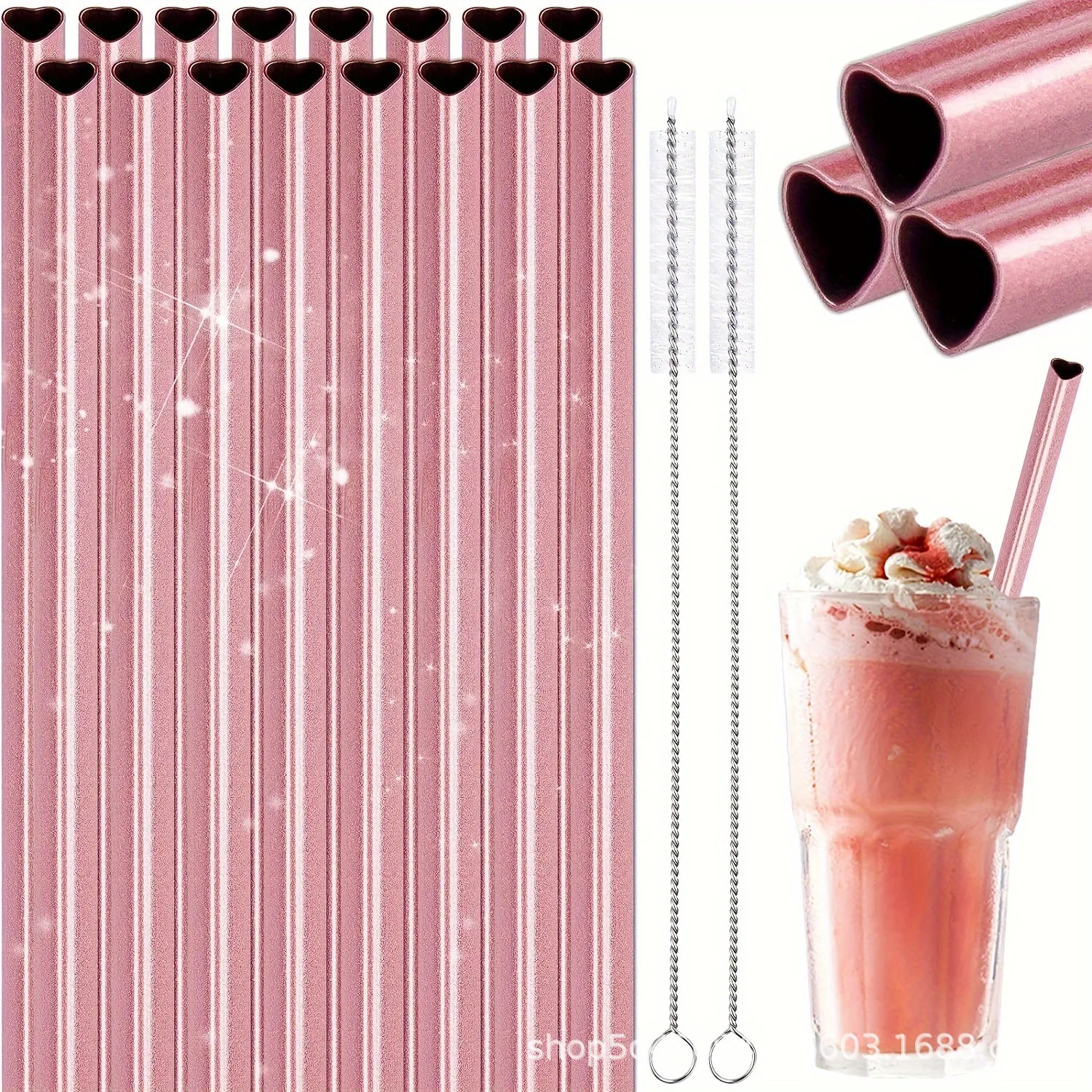 304 stainless steel Straw Recyclable straw Pink heart-shaped metal straw set with straw brush