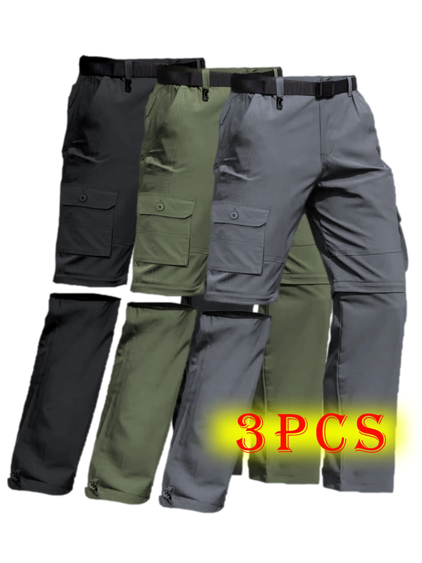 Pantalones de Hombre con 3 Piernas Desmontables, Ligeros, de Secado Rápido, Tipo Cargo, para Exteriores, Talla Grande, con Bolsillos, Impermeables