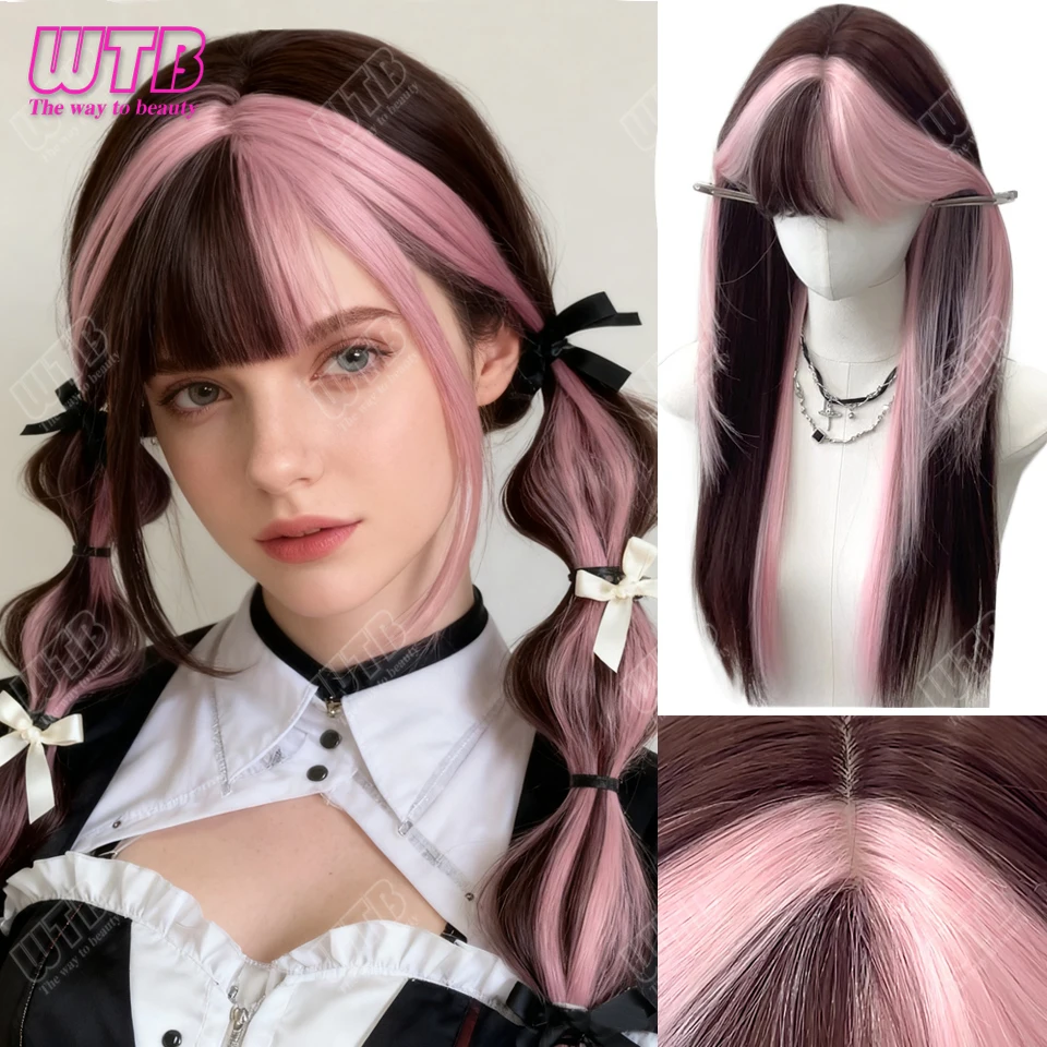 WTB Cosplay Wig With Bangs Synthetic Straight Hair 28 Inch Long Heat-Resistant Highlight Hair Pink Wig For Women