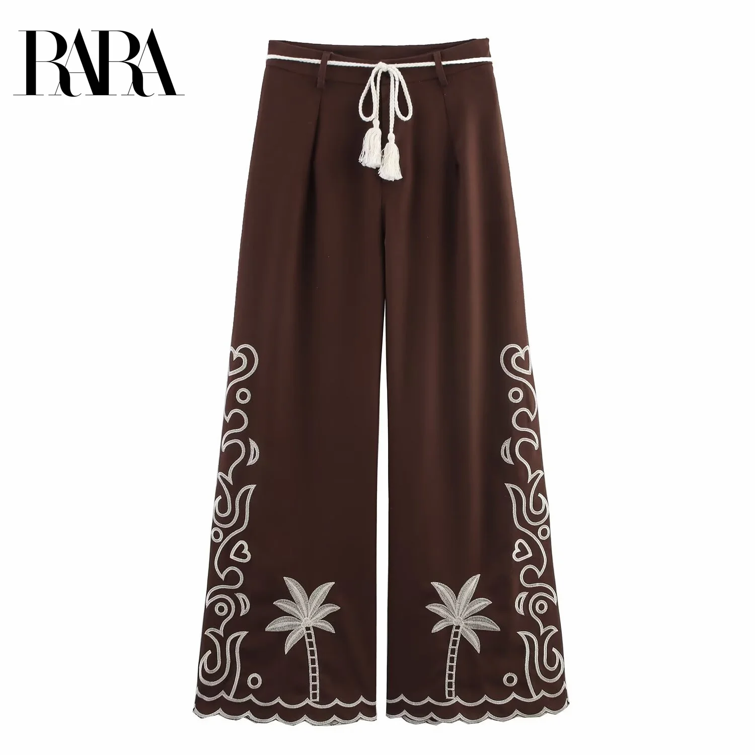 

RARA2025 new summer women's casual fashion with waist contrasting coconut tree embroidery high waist wide leg trousers