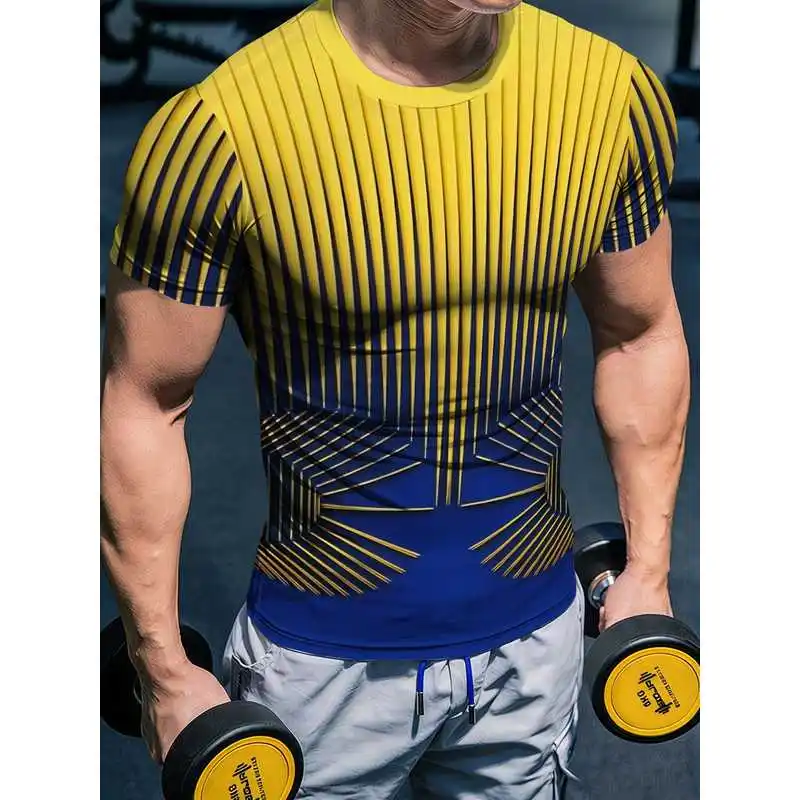 Men High Stretch Quick Dry Yellow Blue Striped Fitness Top 3D Geometric Athletic Short Sleeve Tight Body Hugging Muscle Defining