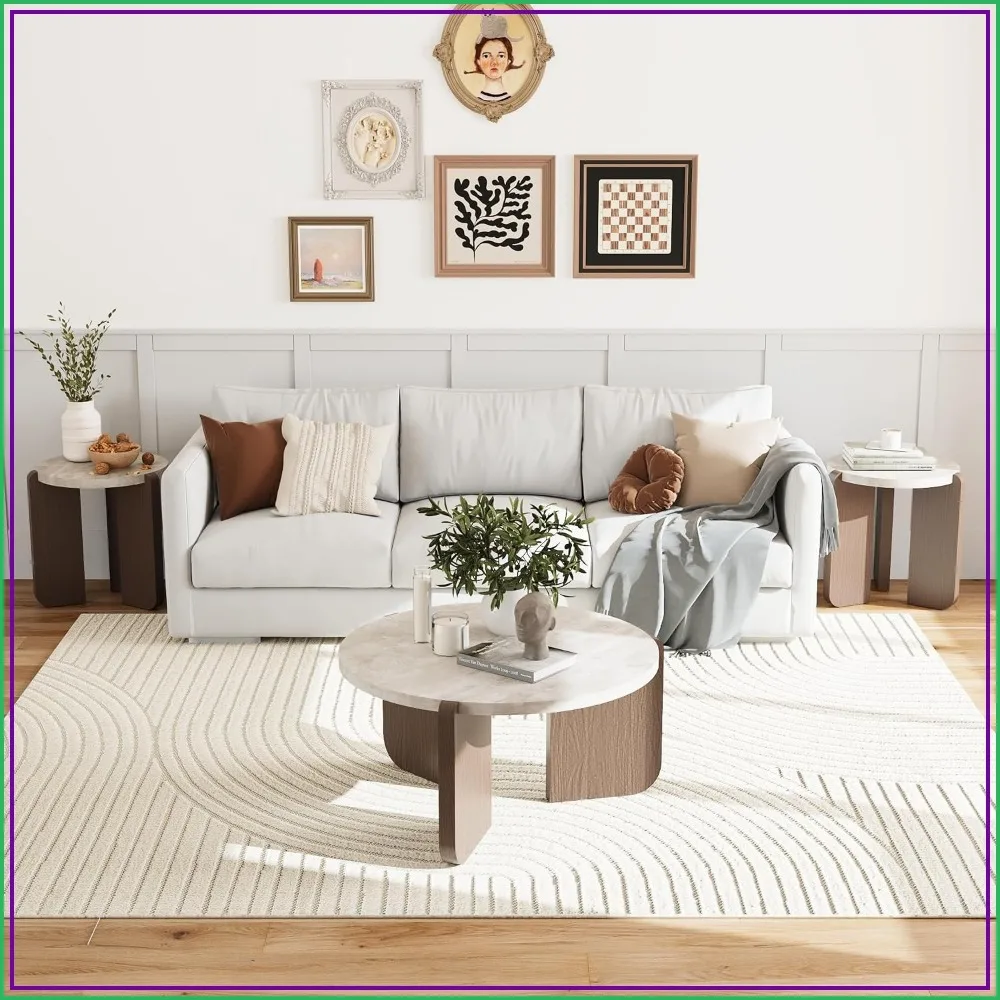 3 Piece Coffee Table Set Faux Marble Top Walnut Legs Modern Living Room Furniture