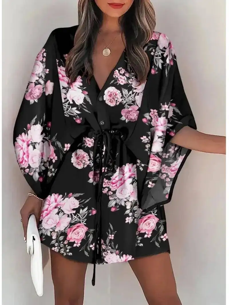 2025 American Women's Cross Border Summer New Product Fashion Print V-Neck Lace Up Casual Vacation Dress Fashion Tops 7W2D