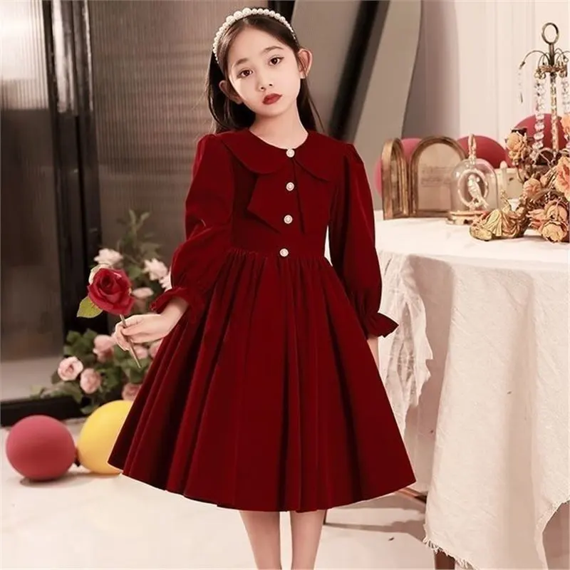 

Girls' Dress High-End Autumn Winter Children's Red Princess Dress Flower Girl Wedding Little Girl Piano Performance Dress Puffy