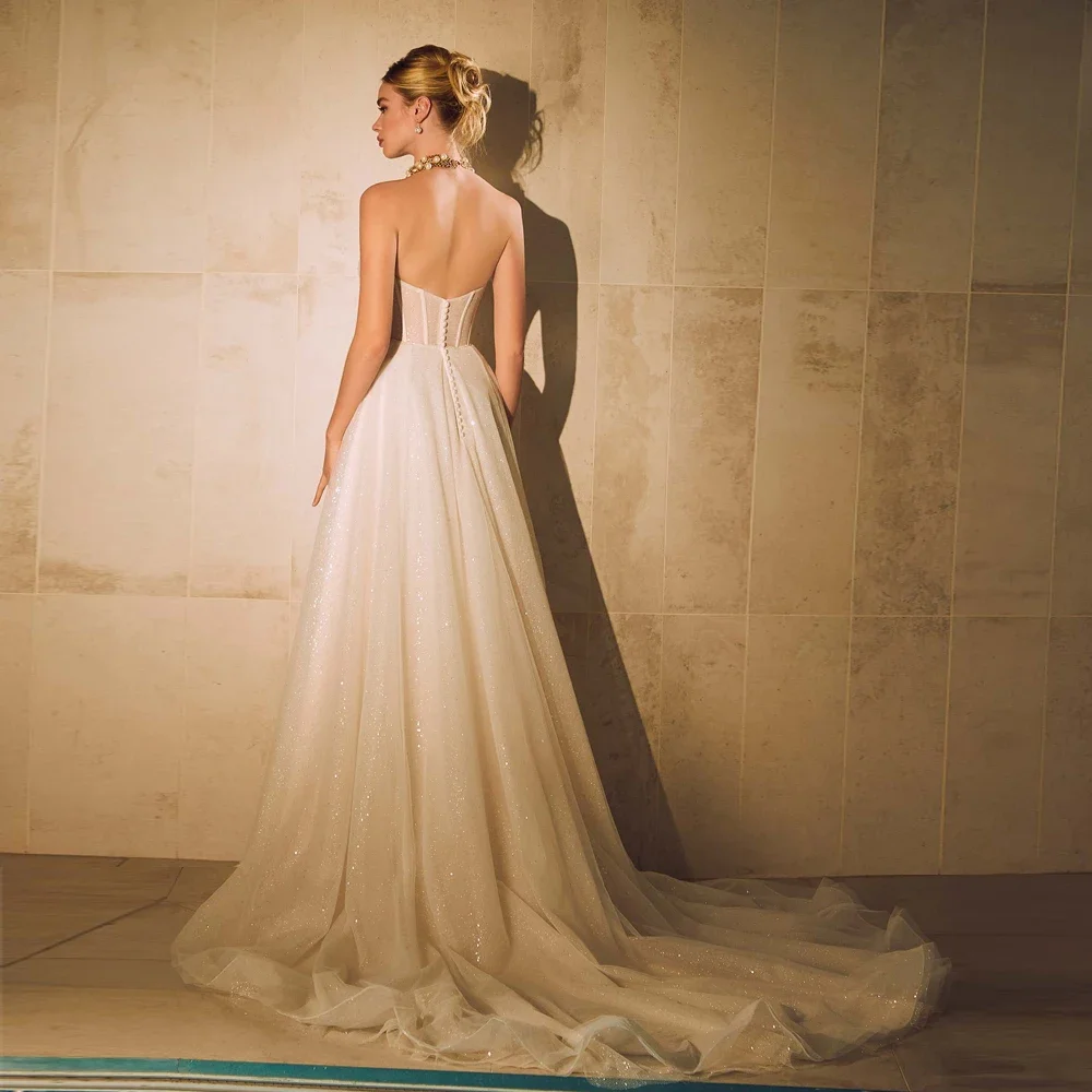 Sparking A-Line Wedding Dresses Front Slit Bridal Growns Sweep Train Customized Sleeveless Open Back Illusion Vestidos De Novia