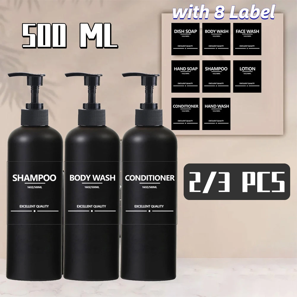 2/3 PCS 500ML Soap Dispenser Refillable Pump Bottle Bathroom Shampoo Shower Gel Body Wash Kitchen Liquid Container with 8 Label