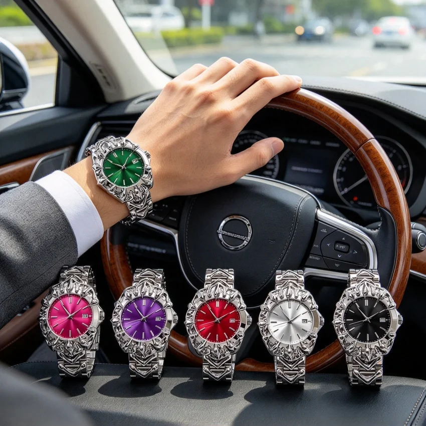 Claw Bezel Men Quartz Watch Sculpted Relief Sunray Dial Six Colors, Metal Bracelet Zinc Alloy Case Y2K Cyberpunk Futuristic