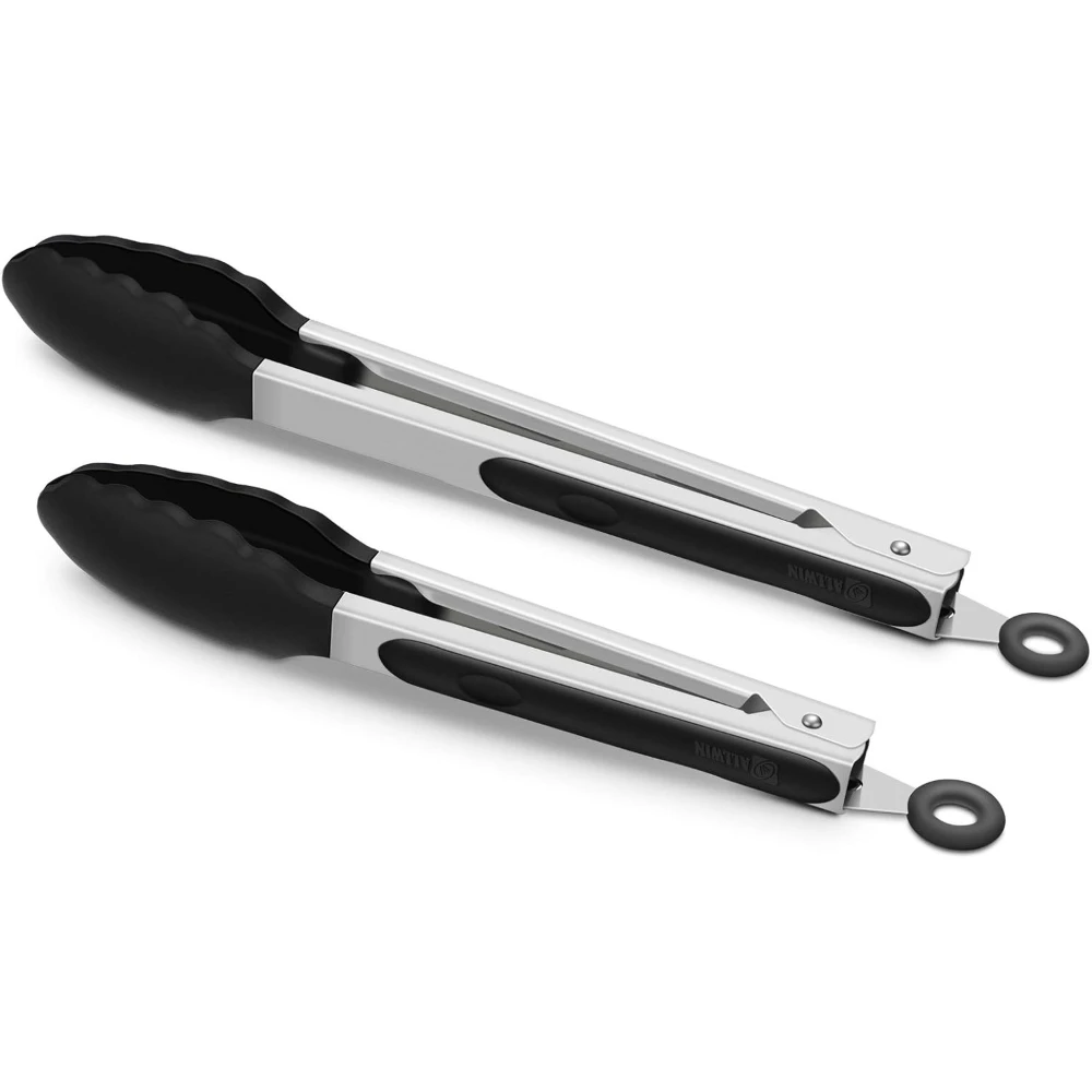 2 Pack Black Kitchen Tongs Premium Silicone Non-Stick Stainless Steel BBQ Cooking Grilling Locking Food Tongs 9-Inch & 12-Inch