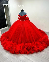 Princess Red Bow Quinceanera Dress Crystal Ball Gown 2024 Birthday Luxury Gowns Off Shoulder Ruffles Vestido 15 Años Customized