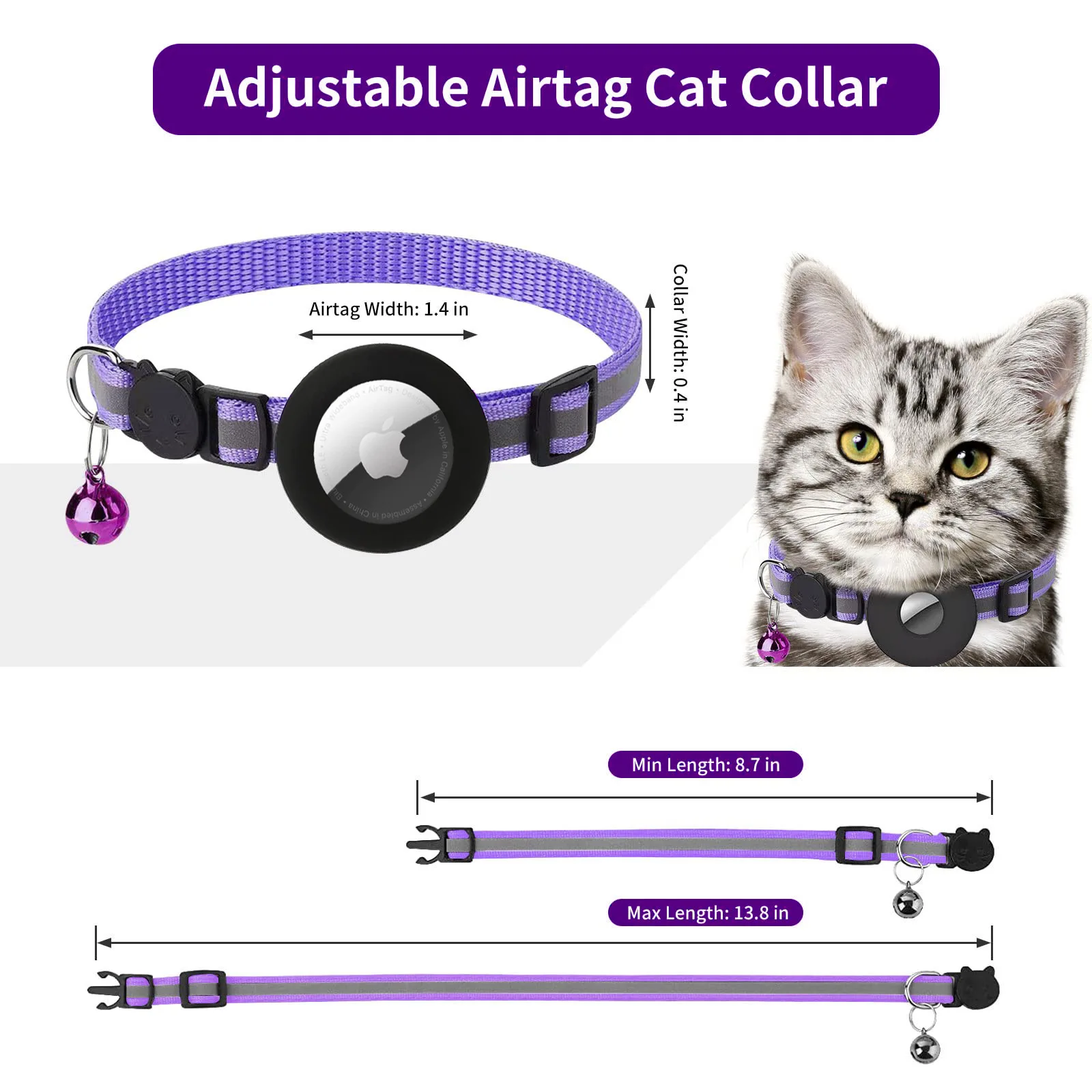 Cat AirTag Holder Collar Breakaway Reflective Strips Adjustable Kitten Collar Waterproof Cat Bell Collar Pet Air Tag Case collar