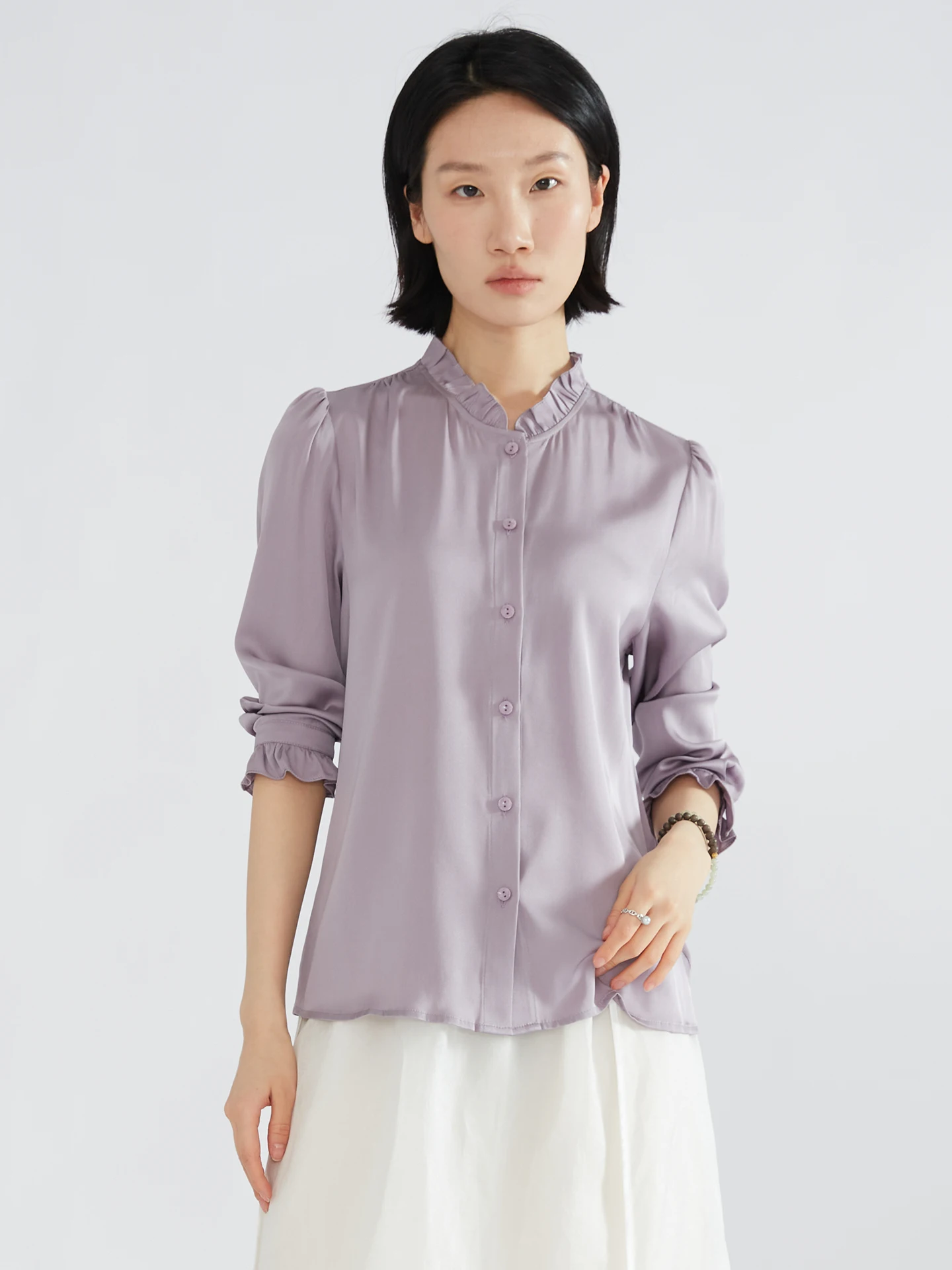 

Ele Long Sve Silk irt Draped Loose Fit with Wood Ear Trim Original Design Age Defng Satin Elastic Fiber Women's Top