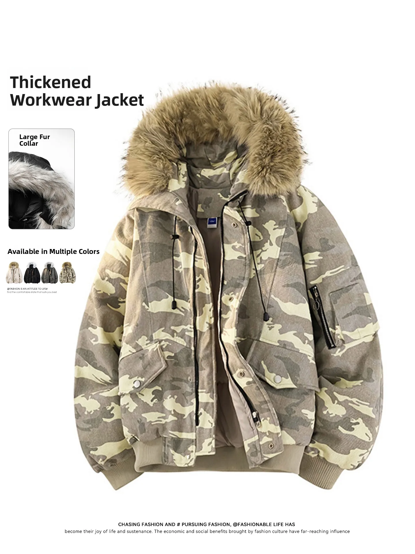 

American Sle Camouflage Thiened Cotton Jaet Men's Winter Warm Hooded Workwear Jaet Loose Fit Polyester Inner Material