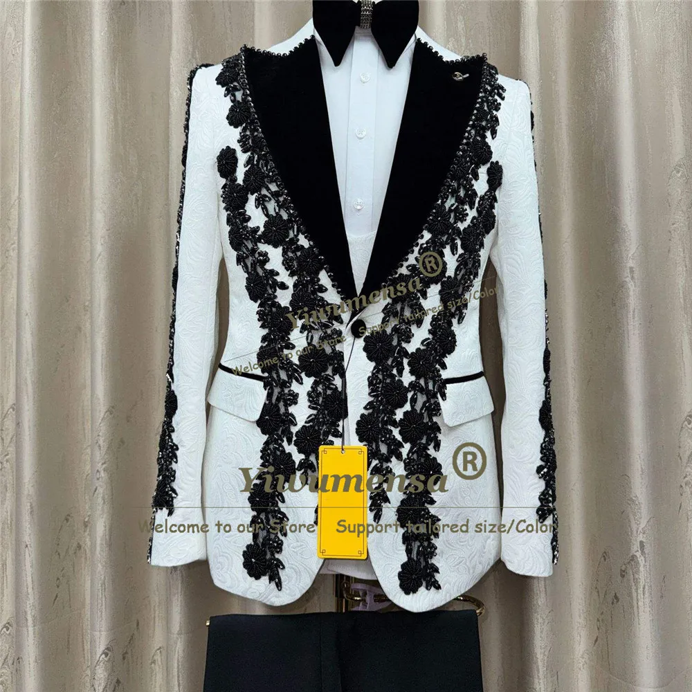 Latest Design Wedding Suits For Man Diamond Beaded Appliques Jacquard Jacket Pants 2 Piece Sets Groom Formal Wear Tuxedo Attire
