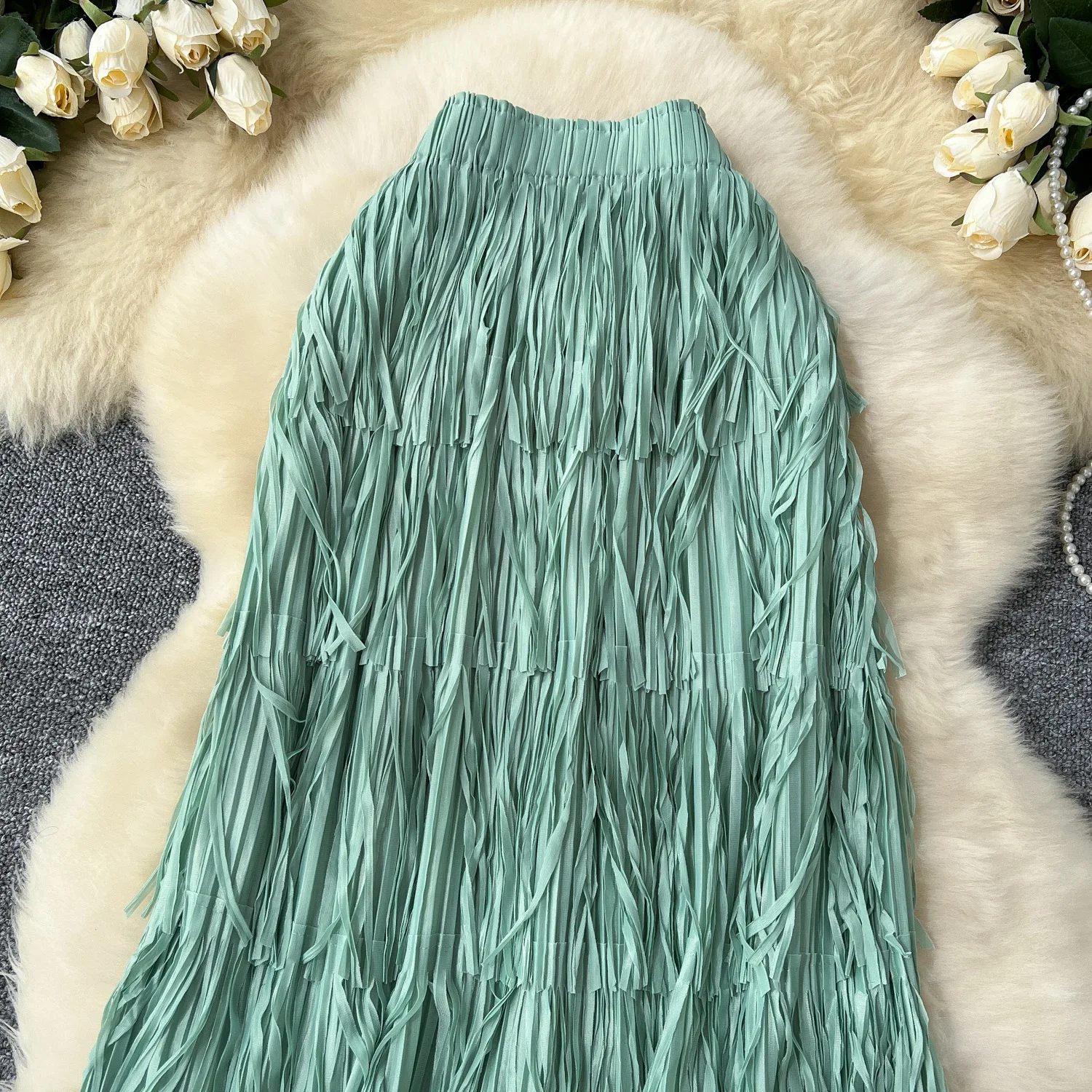 New In 2026 Spring Summer Tassel Midi Long Skirt For Women Trendy High Waist Streetwear Casual Skirts