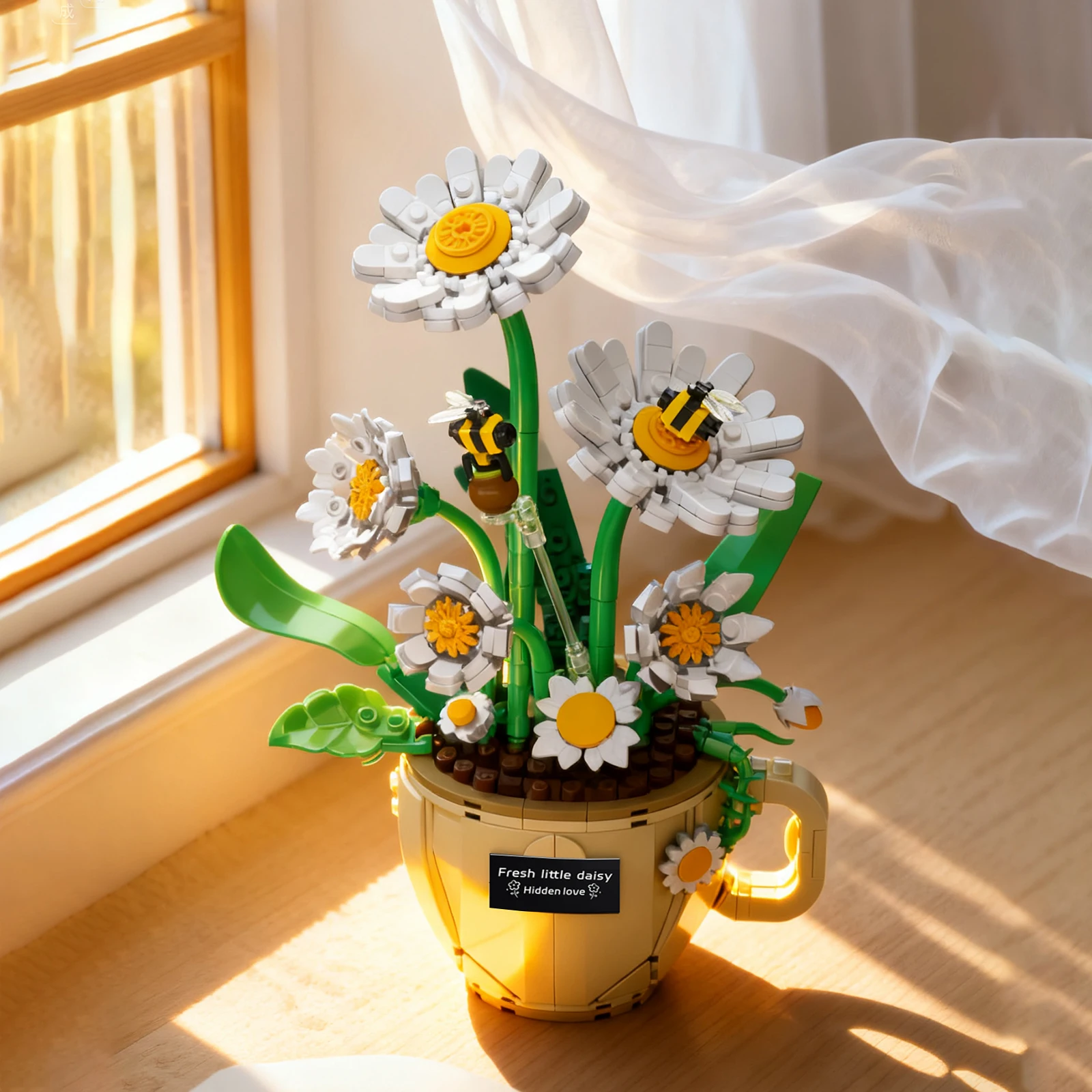 

Coffee Cup Chrysanthemum Bouquet Building Blocks Set with Bee Preserved Flower Model Toy Ornament Valentine's Day Gift for Girls
