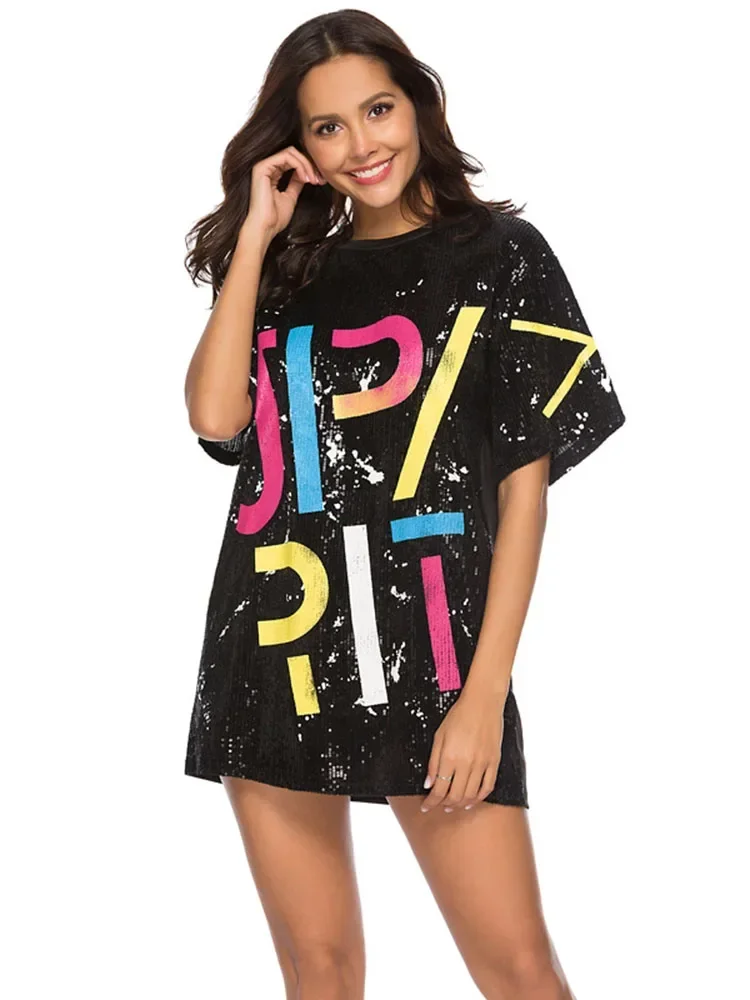 Women Sequined Dress Chic Summer Graphic SPIRIT Printed Super Shiny Half Sleeve O-neck Straight T shirt Dress Ins Hot SP060