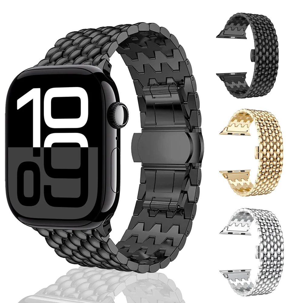 Металлический ремешок для Apple Watch Ultra 49 мм 10 9 8 7 6 5 4 42 мм 46 мм 45 мм 41 мм 44 мм 40 мм Браслет с пряжкой-бабочкой и узором дракона