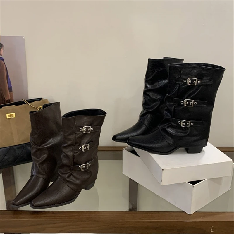 

Eilyken New Design Pleated Narrow Band Pointed Toe Women Ankle Boots Fashion Autumn Winter Square Low Heels Ladies Shoes