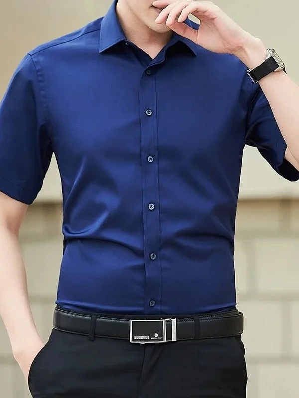 

Slim Fit Business Shirt Men's Summer New Style PU Leather Polyester Fiber Collar Inner Wear Nine Sleeve Length CleanFit